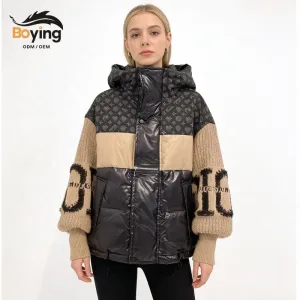 Boying Women's Winter Hooded Jacket Breathable Spandex Zipper Closure Logo Design Denim Patchwork Knitted Sleeves Thick White