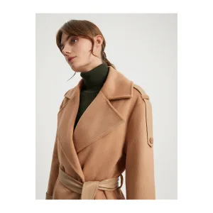 WOOL BLEND LEATHER DETAILED BELTED COAT with Double Pocket Lined Very Colorful for Women