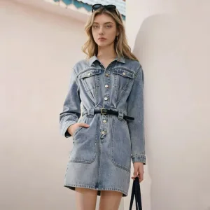 New Women's Casual Retro Modern Feeling Solid Full Length Denim Dress