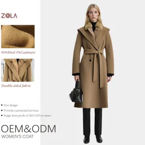 Women's Cozy Long Cashmere Down Jacket Double-Sided Tweed with White Duck Hooded Double Breasted for Winter