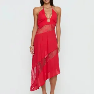 Red Lace Patchwork Straight Sleeveless Midi Dress Asymmetrical Hem Lace Decoration-Streetwear Style Casual Party Dress for Women