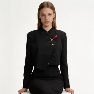 Stand Collar Asymmetrical Wrap Jacket  Traditional Frog Button Detail with Cropped Hem