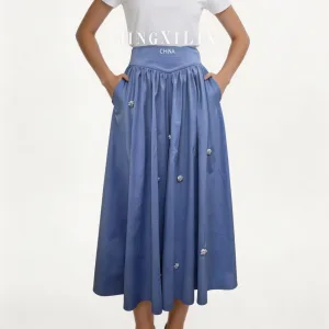 Crystal Bead Embellished Draped Skirt Soft Gathers Wide Flared Hem for Women