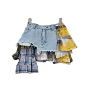 KY Womens Fashion Clotheds Mini Skirt Pockets Star Distress  Embroidery  Button Zipper Stitching Denim  Spliced Skirt