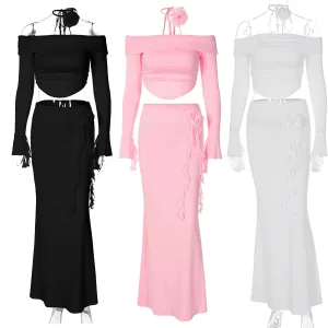 2026 Sexy Off Shoulder Rose Women's Sets Two Piece Set Women Clothing Elegant 3D Flower Maxi Skirt Party Women's Clothe