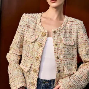 Factory Ladies Short Tweed Jackets French Buttons Fashion Luxury Elegant Outwear Woolen Cropped Blazer Coats for Women