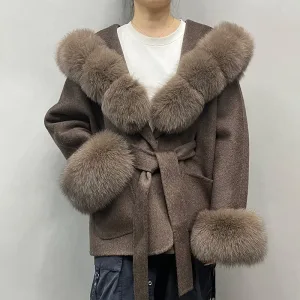 Big Hood Wool and Cashmere Coat Women Luxury Fox Fur Trim Wool Coats for Winter