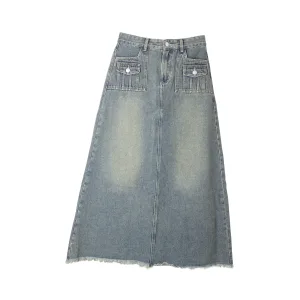 Vintage Washed Distressed High Waist Loose Denim Midi Skirt Women Cargo Pockets Frayed Hem Casual A-Line Spring/Summer