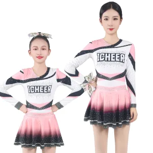 Teens Girls Jazz Street Dance Set Cheerleading Stage Performance Costume Shiny Rhinestones Color Block Top with Skirt Suit