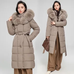 Winter Big Fur Collar Hooded Cotton Padded Long Snow Parka Women's Down Jacket Coat Loose Fur Collar Ladies Windproof Outerwear