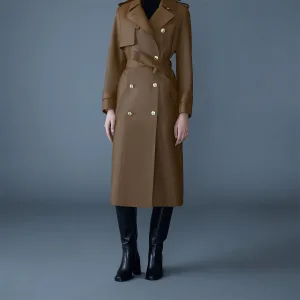 Elegant Brown Double-Breasted Trench Coat with Gold Accents and Belted Waist