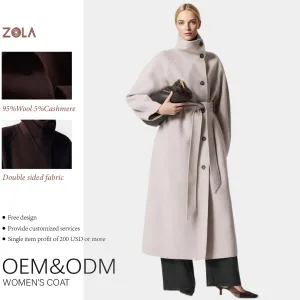 Ladies' Long Winter Coat Loose Fit Breathable Woolen Fabric Single Breasted Turtleneck Belt Closure Ladies' Long Cashmere Coat