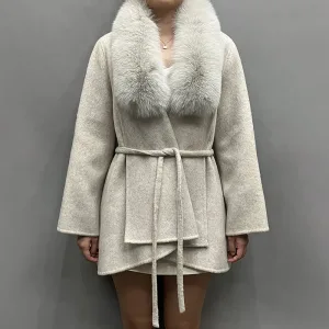 New Coming Real Fox Fur Collar Cashmere Wool Coat Women Winter Wool Coats