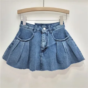 Hot Trending Casual Denim Pleated Mini Skirt Women Solid Color a Line Jeans Elastic Female Short Jean Skirts for Women