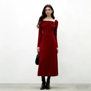 Autumn/Winter New Women's Vintage French Style Retro Waist-controlled Dress with Pearl Button Knitted Skirt