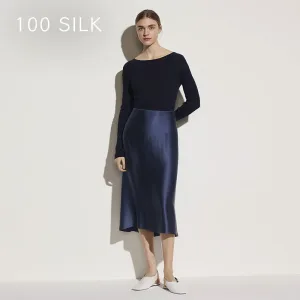 Heavy 100 Mulberry Silk 22mm Satin Drape High Waist Vintage French Style Beaded Anti-Wrinkle Elegant Mid-calf Solid Skirt