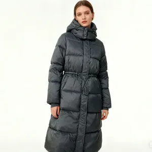 Women's Long Classic Fashion Waterproof Winter Vintage Casual Woven Padded Coat with Stand Collar Hooded and Zipper Closure