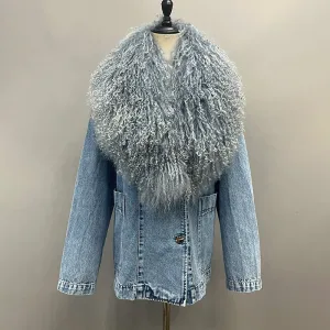Luxury Women Mongolian Fur Collar Denim Jacket Detachable Real Sheep Fur Trim Jeans Coat Winter Fashion Outerwear