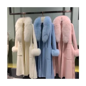New Arrival Elegant Cashmere Long Coat Winter Wool Coats Women With Real Fox Fur Collar