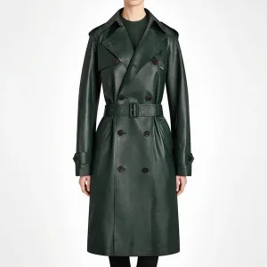 2025 Fashion Green PU Leather Trench Coat Women Long Double Breasted Belted Winter Outerwear Elegant Leather Jacket