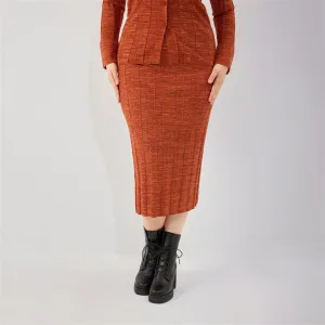 Women Winter Clothes 2026 Plus Size Midi Skirt Fashion Style Dense Vertical Knit Orange Textured Slimming Elastic Fit Fits