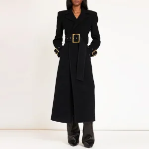 New Material Women's Autumn and Winter Fashion Simple Belted Black Extended Woolen Coat