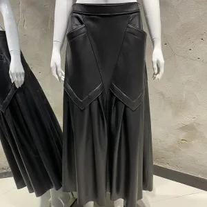 Women's Black Genuine Leather Maxi Skirt - Geometric Panel Pleated Pocket Detail Office Wear