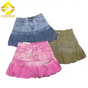 Fengway 2024 Fashion Gradient Denim Short Skirt Women's A-Line Jean Skirt Ruffles Pleated Denim Skirt for Ladies