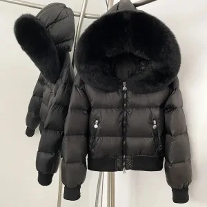 Wholesale Duck Down Coat Women Winter Real Fur Jacket Natural Raccoon Fur Fluffy Black Puffer Jacket Knit Cuff Real Fur Collar