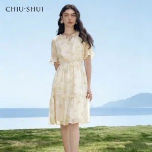 Vintage Autumn Collar Beaded Elegant Waist-controlled Polyester Mid-length A-line Skirt Dress Summer New