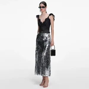 Women's Silver Sequin Formal Skirt | Glitter Midi Length Skirt for Prom, Cocktail Parties & Dinners