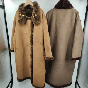 ZEYA Women's Long Suede Coat - Faux Fur Collar & Cuff Trim Gold Buttons Thick Warm Lining for Fall Winter Cold Weather