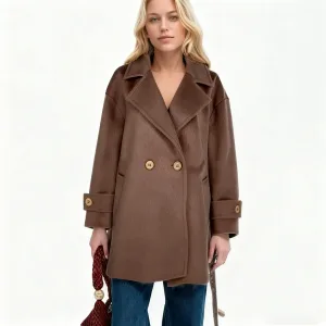 Women's Brown Breathable Cotton Minimalist Double-Breasted Coat Turn Collar Textured Surface Plain Solid Vertical V Lines