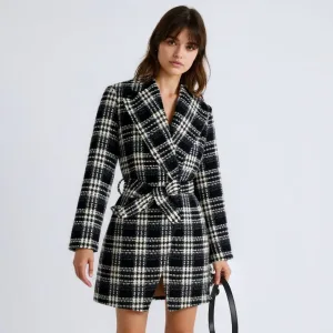 Women Autumn Winter Casual Slim Fit Checkered Tweed Coat Woolen Belted Blazer Jacket Breathable Eco-Friendly Cotton Filled Black
