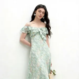 Casual One-Shoulder Dress Green Summer New Unique Age-Reducing Printed Waist-Slimming Skirt Polyester
