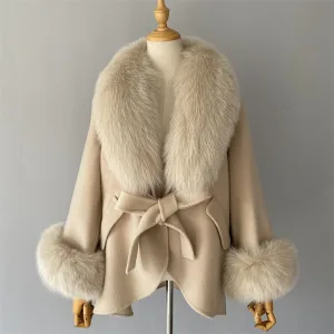 Soft Belt Outwear Casual Blank Woolen Coat Luxury Real Fur Collar Fall Winter Women Elegant Long Sleeve Loose Printed Wool Coat