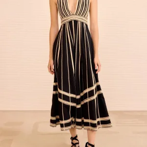 Women's Lightweight Cotton Blend Black Beige Stripe V-Neck Sleeveless Flared Dress for Casual Outings