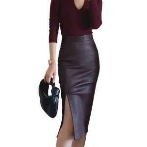 3311Wholesale Leather Skirts High Elastic Adjustable Split Height Knee Length Long Brown Elegant Real Leather Skirt