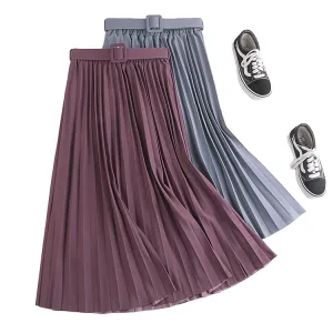 Women Empire Waist Breathable Casual Pleated Skirt Solid Belted Summer Fashion Maxi Skirt