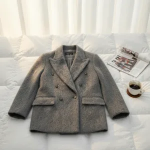 Oversized Double Breasted Vintage Blazer Coat-Cashmere & Ultra-Fine Wool Breathable Windproof Gray Mid-Length Winter XS