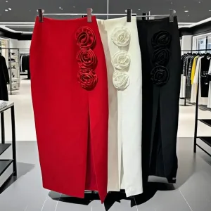 High Quality Ladies Winter Clothes 3D Flower Red Maxi Long Slit Casual Skirt Pencil Bodycon Bandage Skirts for Women