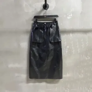 Genuine Sheepskin Leather High-Waist  Embossed Skirt - 2026 A/W Elastic Drawstring Women's Midi