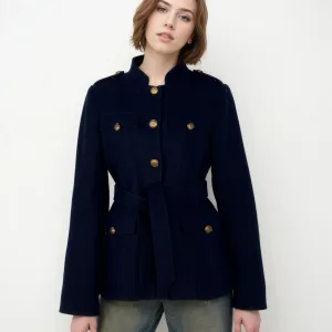 2025 Woolen Stand Collar Coat Spring Dark Blue Single Breasted Short Tunic Small Fragrant Wind Shoulder Women Cotton Filled