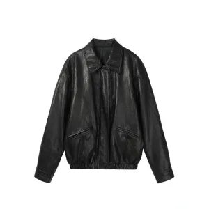 Women's Coats Black PU Leather Bomber Jacket Oversized Zipper-Up Turn-down Collar Loose Fit Casual Spring Autumn Streetwear