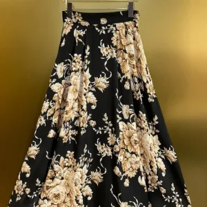 Top Quality New Long Skirt 2025 Autumn Style Women Vintage Floral Print High Waist Long Maxi Black Party Evening Skirt XXL Size