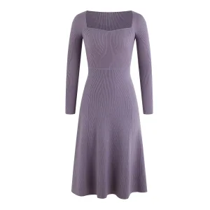 Womens Dresses 2024 Trendy Casual Long Sleeve Square Collar Knit a Line Pullover Sweater Midi Dress Purple
