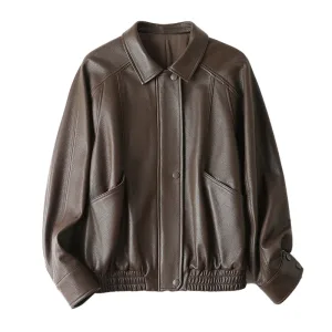 Women's Streetwear Genuine Sheepskin Oversized Leather Bomber Jacket with Pocket