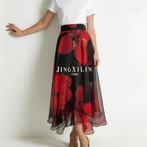 Black Base Red Floral Print Breathable Casual Natural Waist Flowy Skirt Lightweight A-Line Midi Bottom