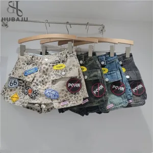 Women's Leopard Patchwork Design Denim Skirt Summer Fashion High Waist Short Skirt