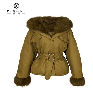 Vintage Khaki Fur Collar Waist-Tie Down Jacket Metal Buckle Belt Utility Style Coat Fur Cuff Thickened Winter Women's Outerwear